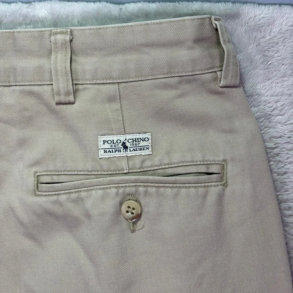Polo Ralph Lauren Mens Chino Pants 36x32 Khaki Pleated Front Cuffed Cotton Twill